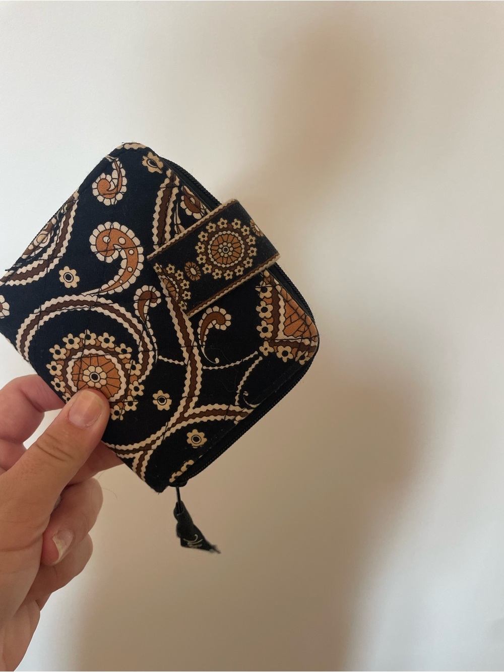Vera Bradley Black Paisley Zip Wallet with Tan Accents